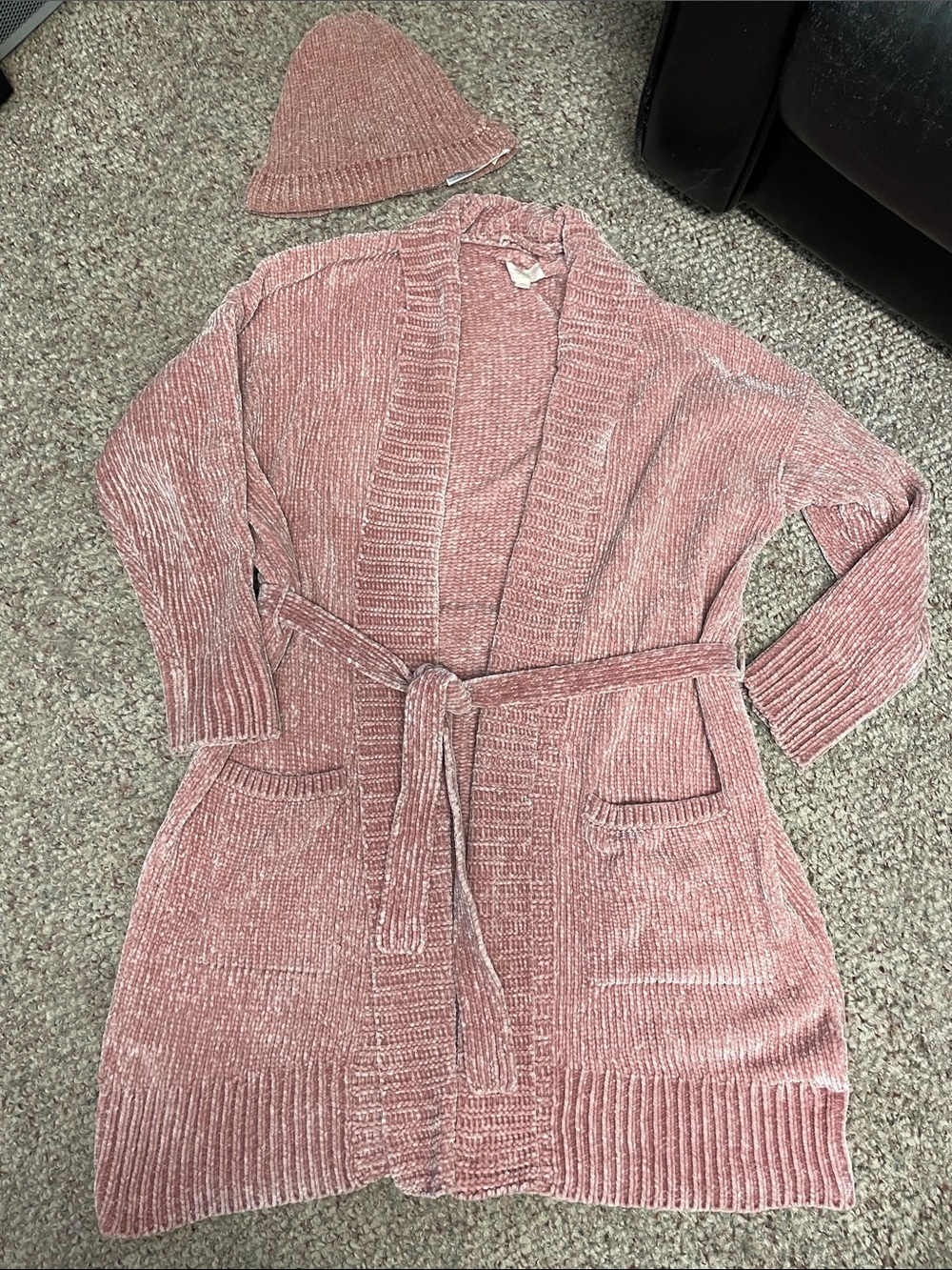 2 pc Cozy Rose Chenille long Belted Cardigan Sweater and beanie togue set